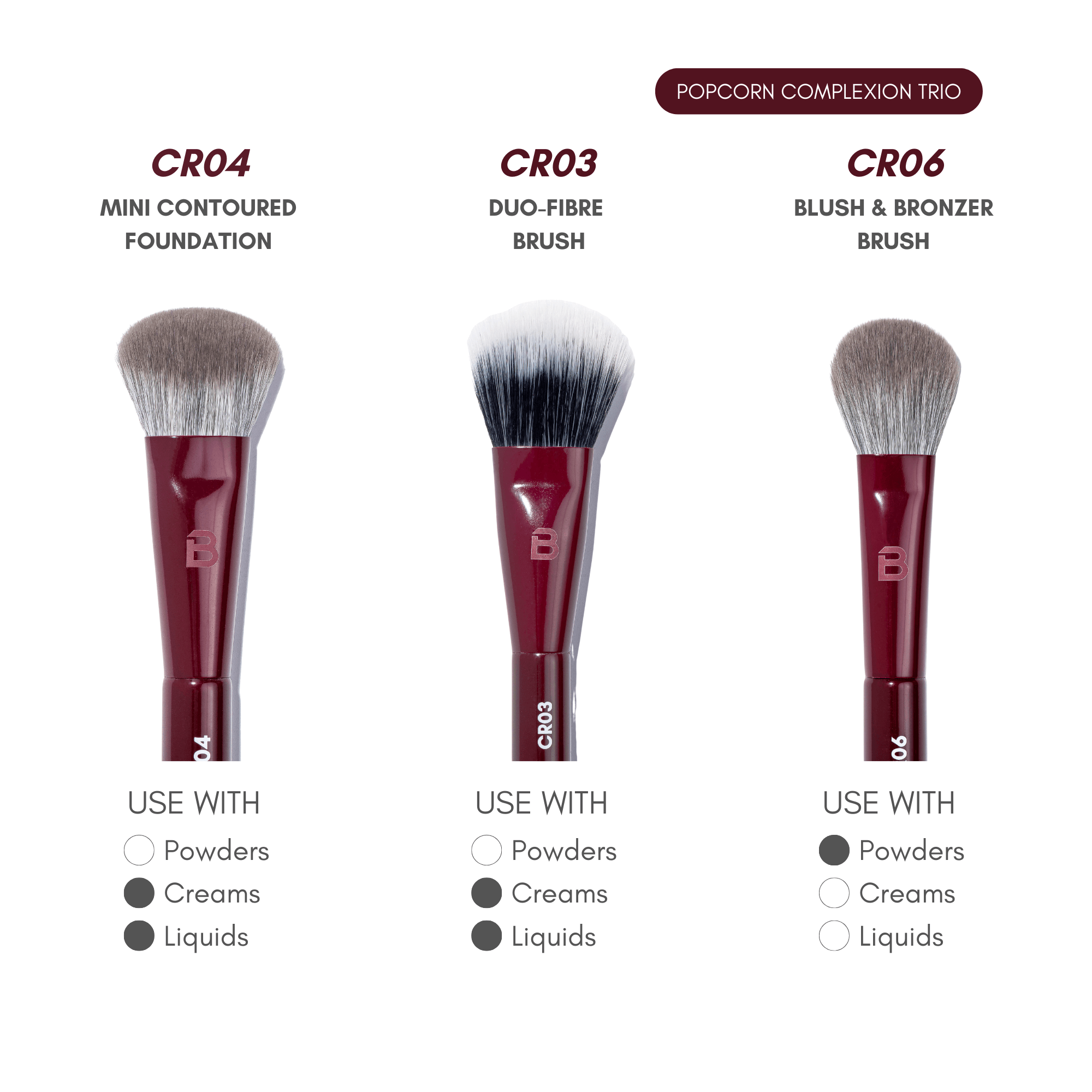 BLERY FACE TRIO – 3‑teiliges Teint‑Pinselset für Foundation, Kontur & Blush