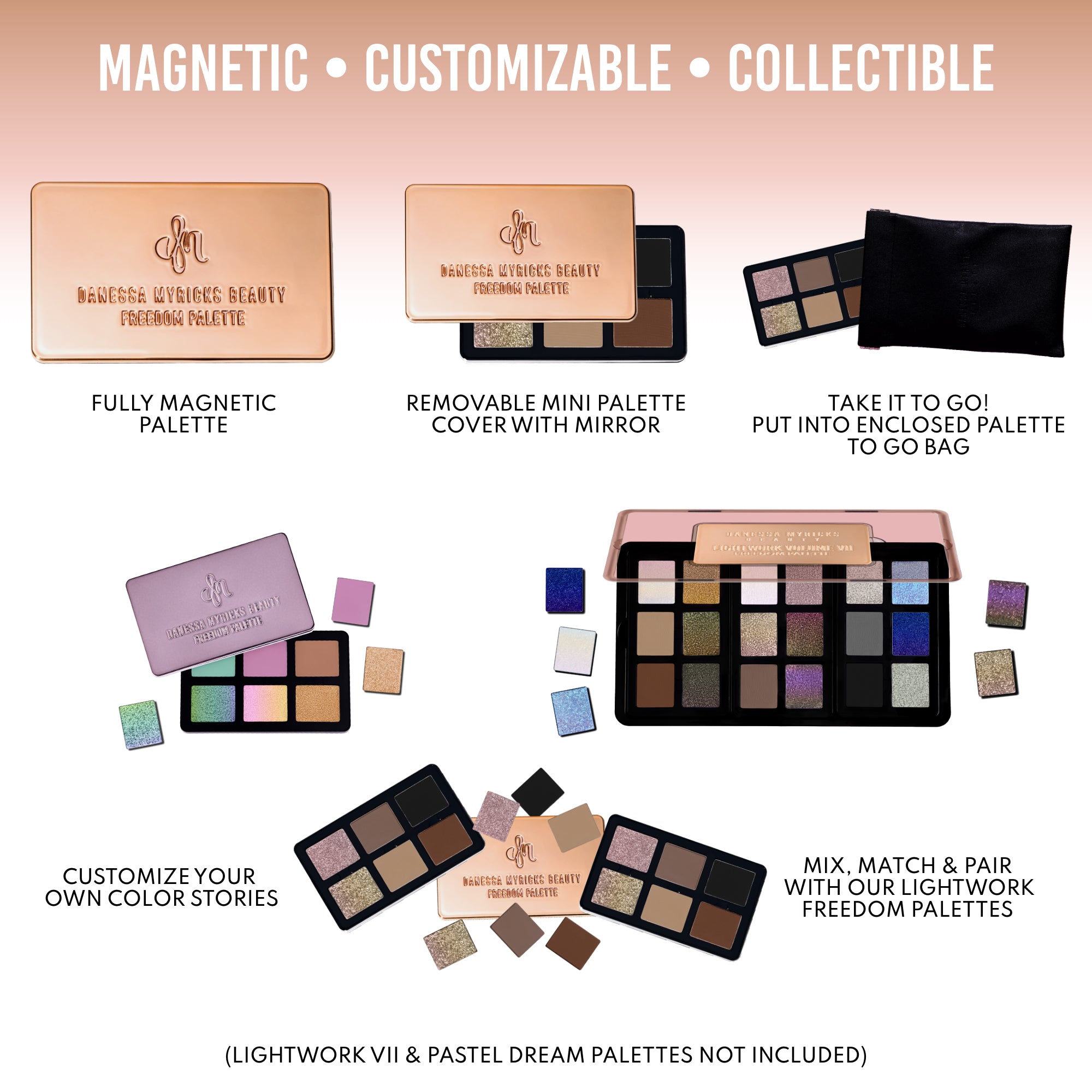 Danesse Myricks Lightwork Palette Everyday Magic geöffnet – 6 Pastell-Pigmente in Soft Satin-Matte und Slick Chrome Finish für Augen, Wangen und Lippen