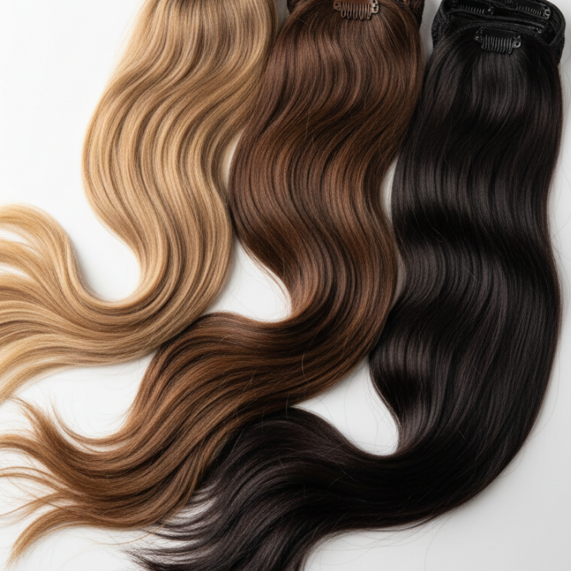 das bild soll hochformat sein und drei haarfarben von clip in sets zeigen. die haare sind glatt. sie liegen locker nebeneinander