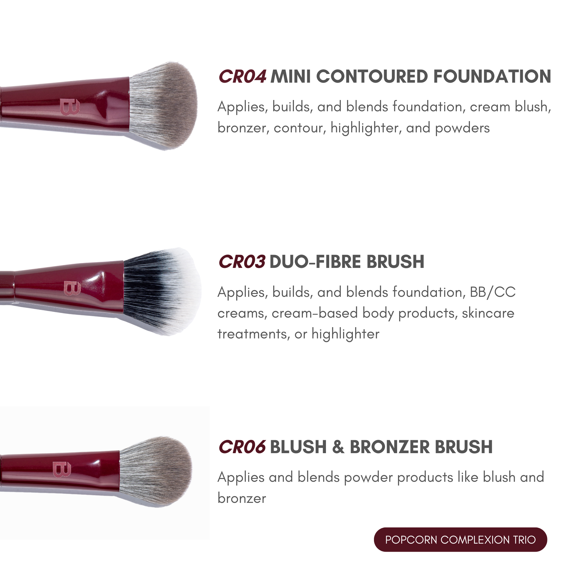 BLERY FACE TRIO – 3‑teiliges Teint‑Pinselset für Foundation, Kontur & Blush