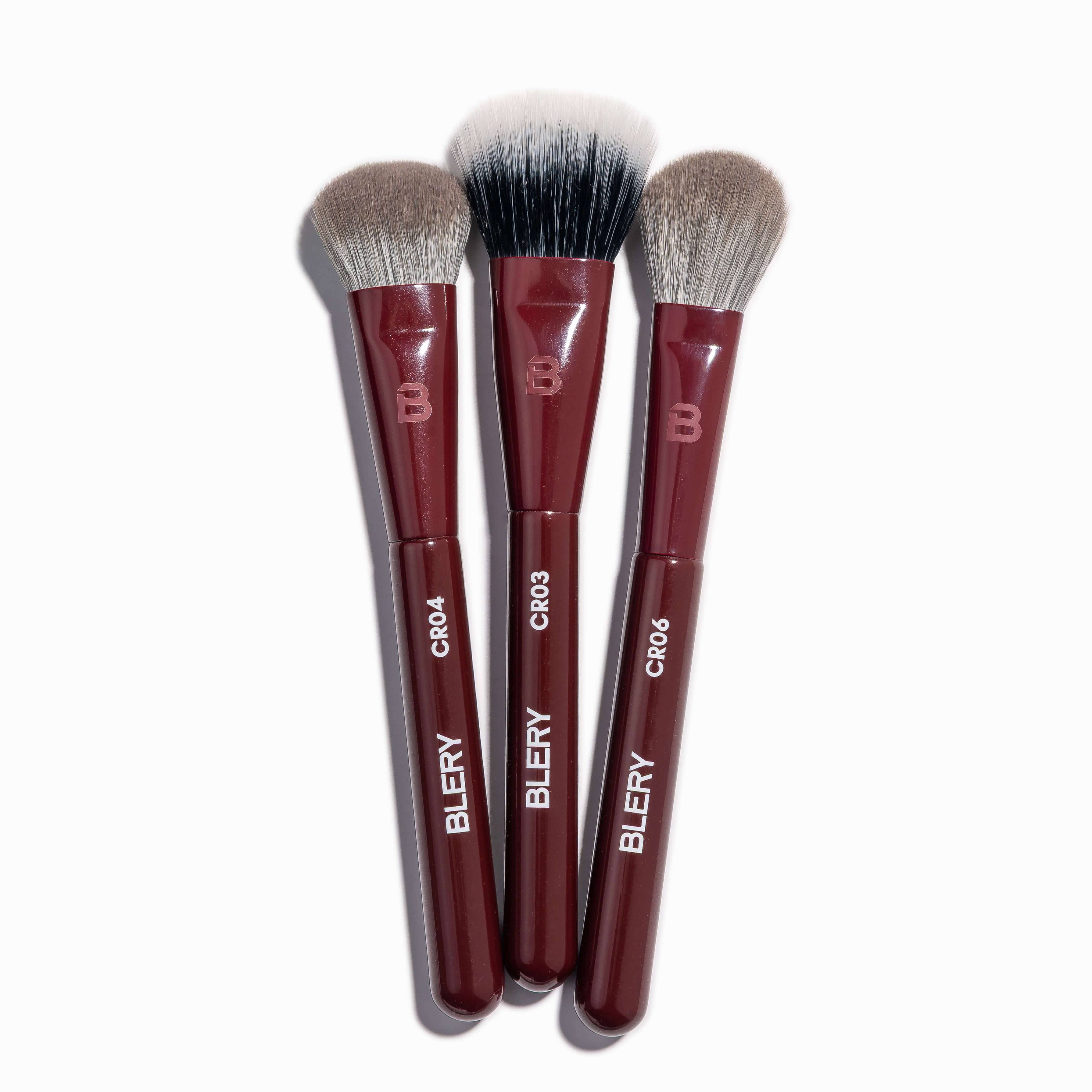 BLERY FACE TRIO – 3‑teiliges Teint‑Pinselset für Foundation, Kontur & Blush